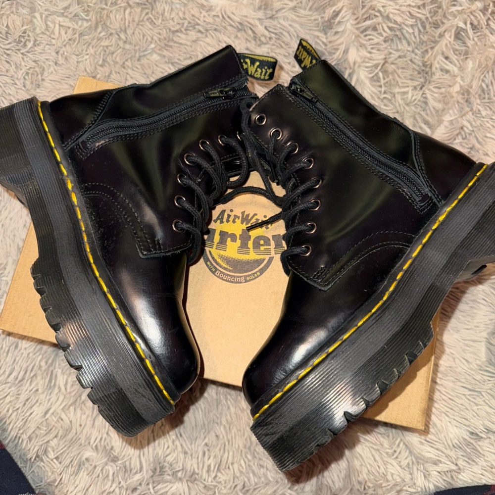 Dr. Martens Shiny Black Boots with Yellow Stitching